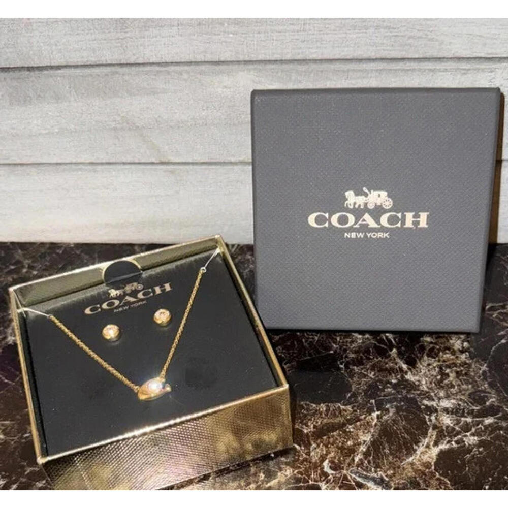 Coach Signature C Necklace & Stud Earrings Set Gold Tone Crystal Logo New - Picture 5 of 5